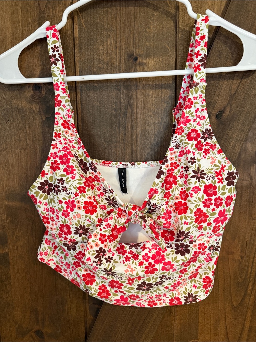 Tahari Floral Tie-Front Bikini Top in Pink, Red, Brown, Green on White